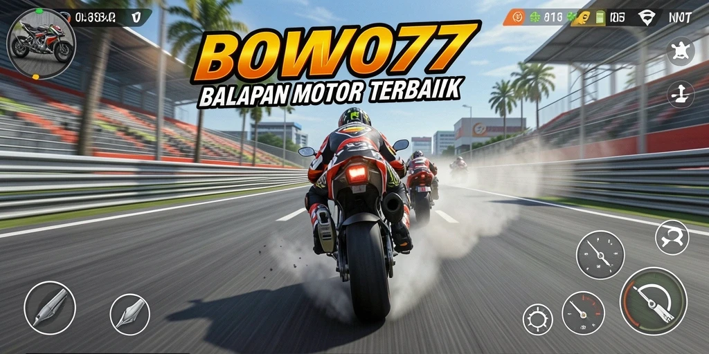 Tangkapan layar yang menunjukkan aksi balapan motor yang mendebarkan.