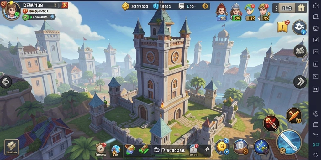 Tampilan utama gameplay DEWI138 dengan menara pertahanan yang strategis.