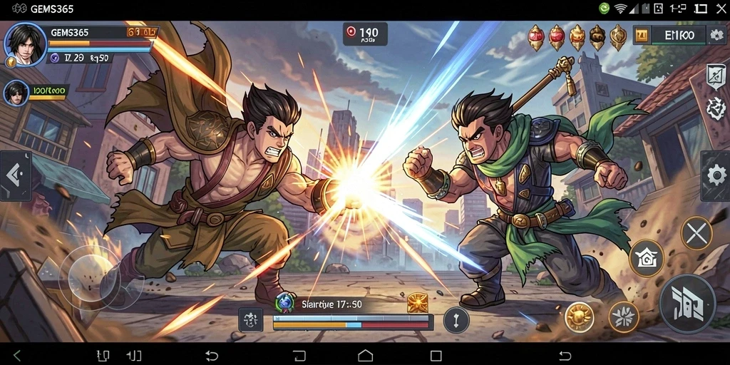Screenshot utama GEMS365 menampilkan aksi pertarungan yang intens.