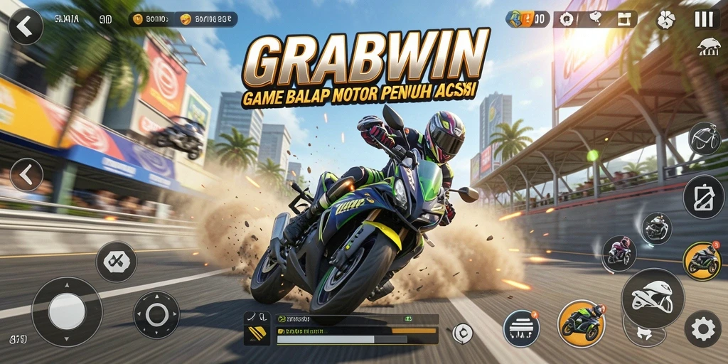 Tampilan gameplay GRABWIN menampilkan balapan motor yang seru dan mendebarkan.