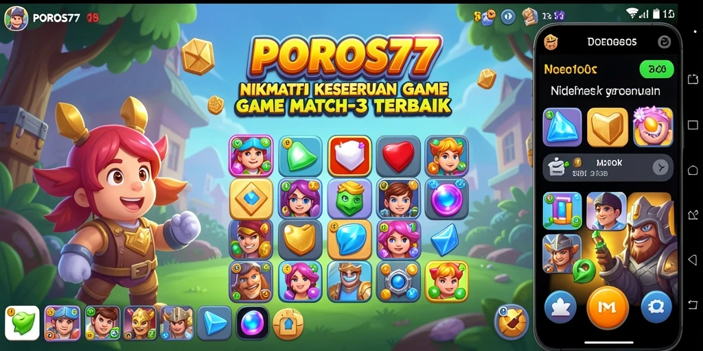 Tampilan gameplay seru dari POROS77, permainan match-3 yang adiktif.