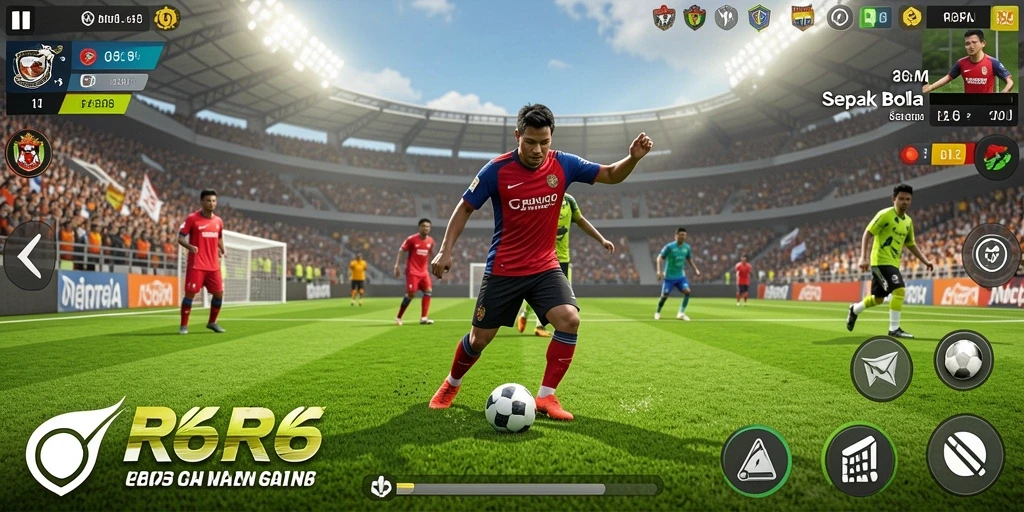 Gameplay R6R6 yang seru dengan aksi sepak bola nyata.