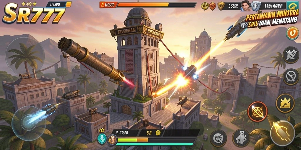 Tampilan gameplay yang mendebarkan dari SR777, menampilkan strategi pertahanan menara.