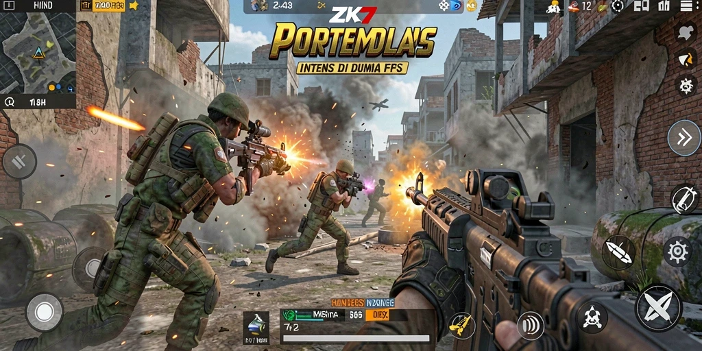 Tangkapan layar menunjukkan aksi mendebarkan dalam ZK7 dengan gameplay FPS yang intens.